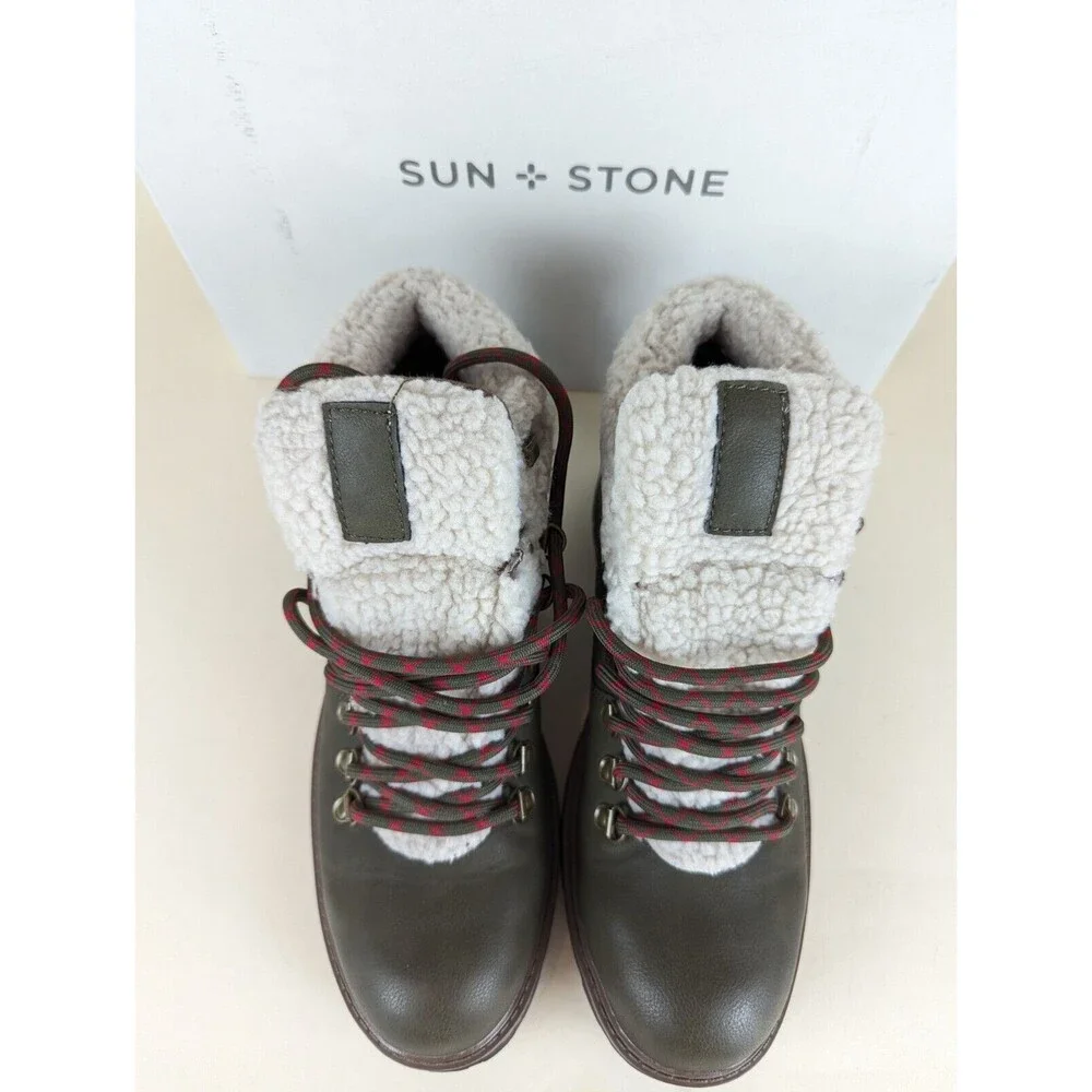 Sun Stone Glenn Winter Boots Mens 7.5 M Olive Faux Fur Trimmed Lace Up Shoes NWB